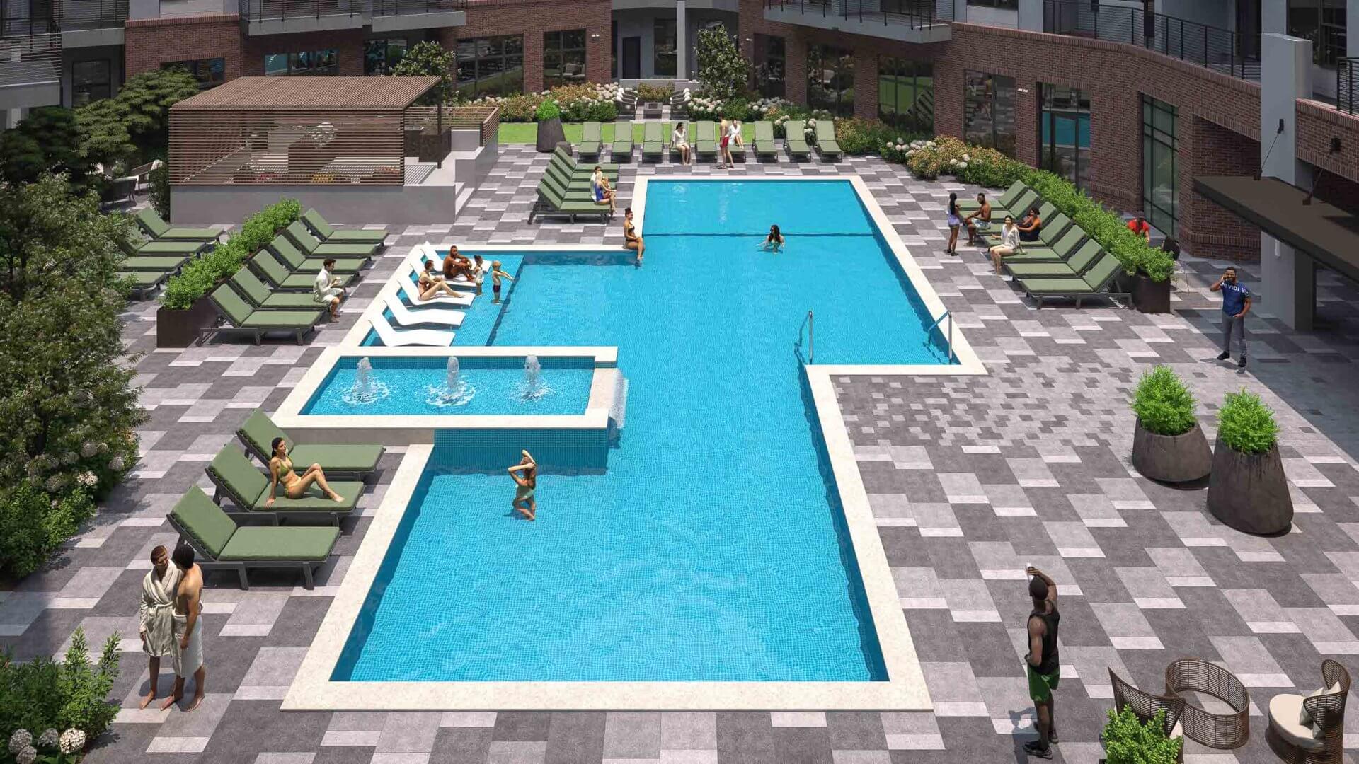 pool area rendering at bartley lofts apartments in huntsville