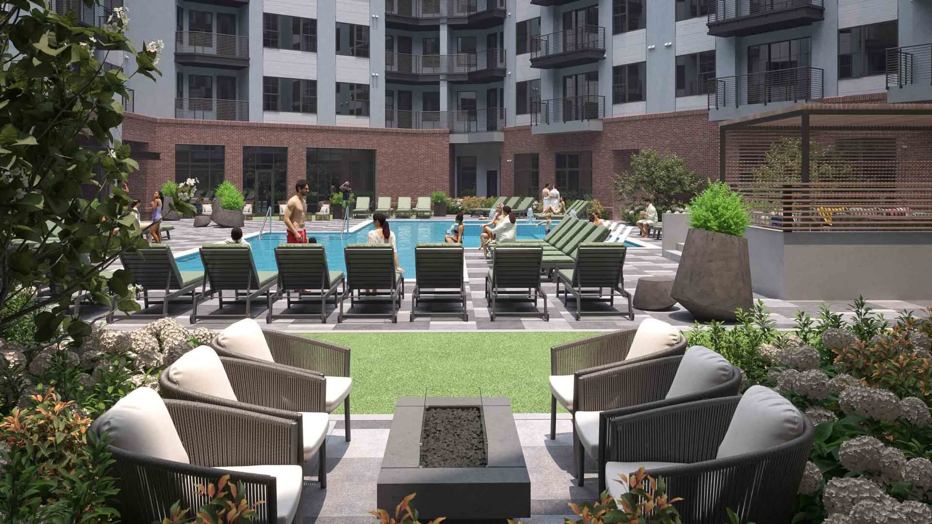 rendering of the pool at bartley lofts apartments huntsville